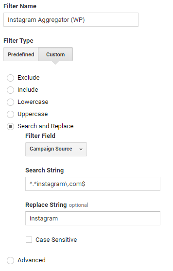 Use the Search and Replace filter with the Source filter and the search string ^.*instagram\.com$ and the replace string of instagram.