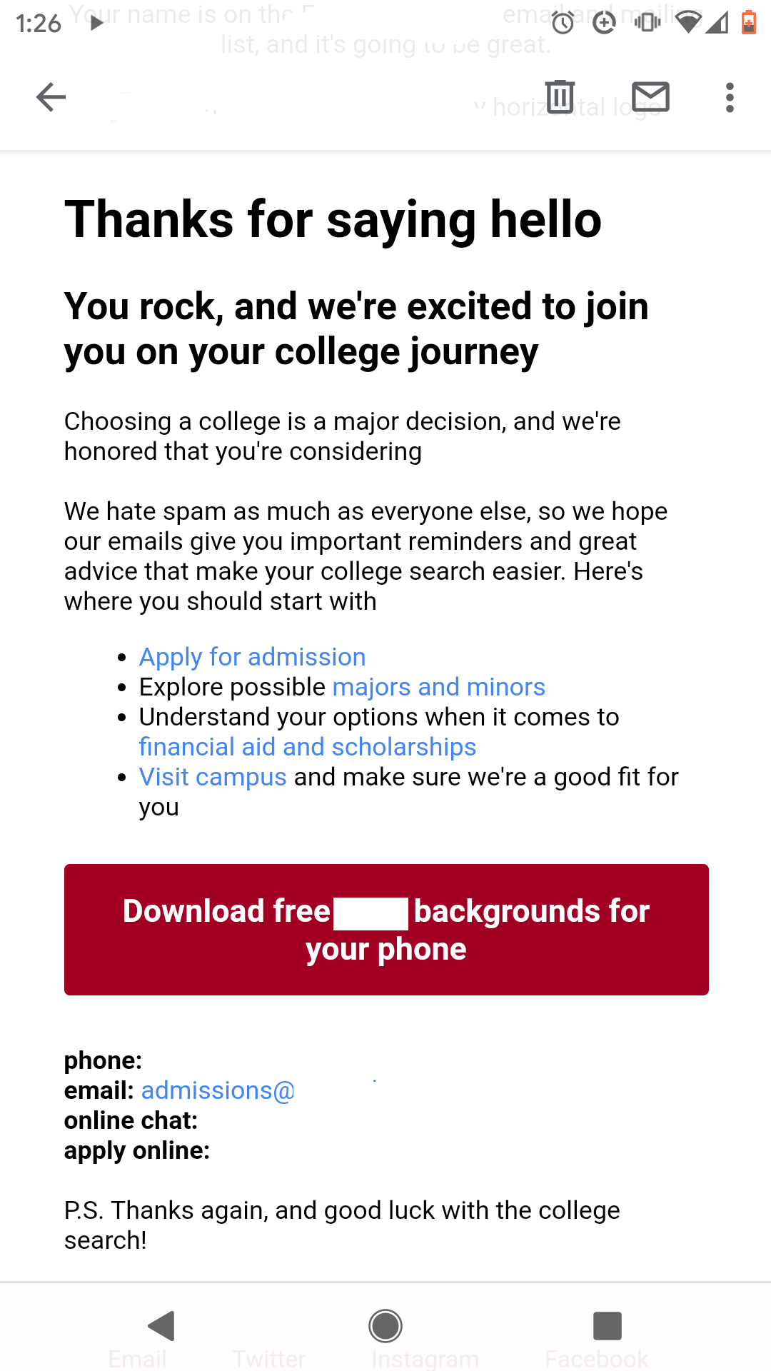 Image of an autoresponse from a college with links to application, majors, and downloads for phone backgrounds.