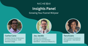 Niche Insights Panel: Growing Your Funnel Mid Year. Panelists are Carlos Cano, Jay Jacobs, and Tara Evans.