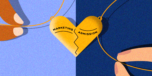 Two hands holding a friendship locket labeled "Marketing" and "Admission"