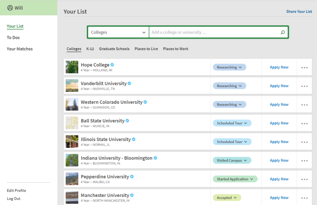 A list of colleges on Niche with student tracking their search status. 