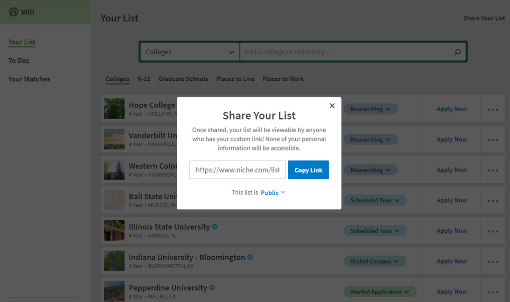 Screen capture of the ability to share a student list of colleges with others.