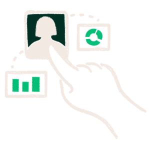 Illustration of hand pointing to profile photo with data graphs surrounding