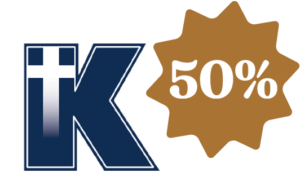 Kings Gate school logo and 50% callout