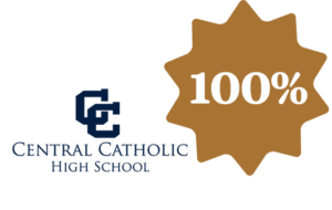 Central Catholic High School logo and 100% callout