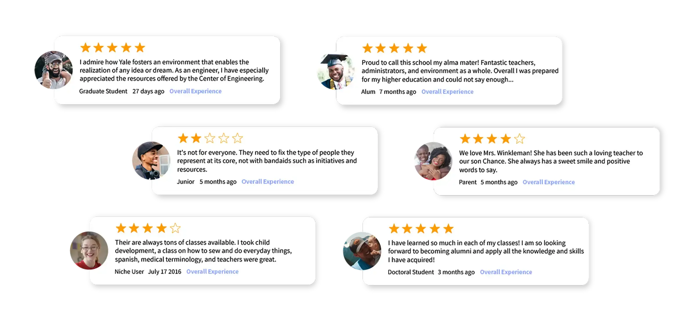 Image of six reviews from different people commenting on their school experiences