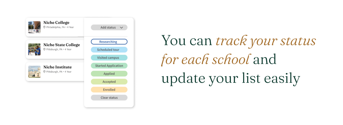 You can track your status for each school and update your list easily