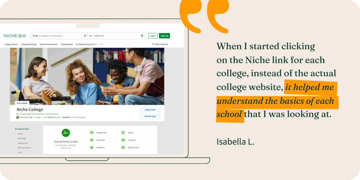A screenshot of a college profile and Niche and a quote that says "When I started clicking on the Niche link for each college, instead of the actual college website, it helped me understand the basics of each school that I was looking at. - Isabella L." 